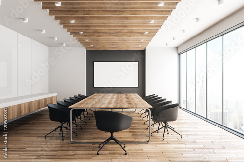 Modern wooden meeting room with billboard