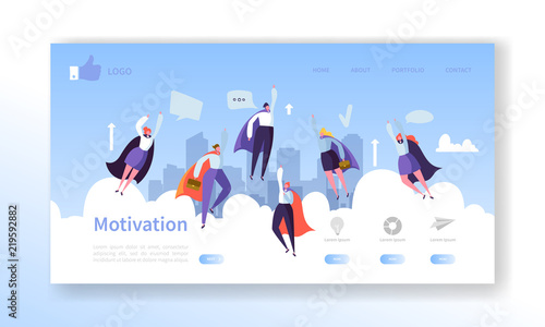 Website Development Landing Page Template. Mobile Application Layout with Flat Flying Business Heroes Man and Woman. Easy to Edit and Customize. Vector illustration photo