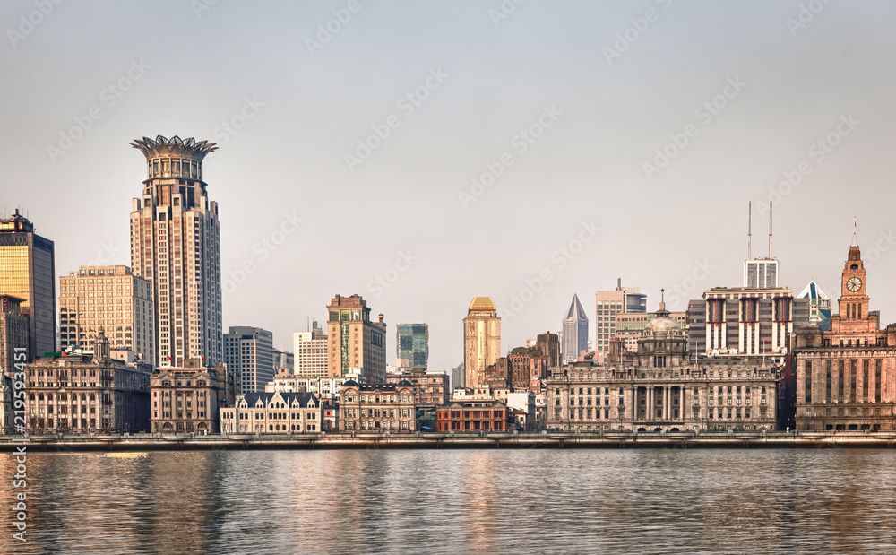 Early Morning Skyline of The Bund and the Huangpu River from Pudong in Shanghai, China