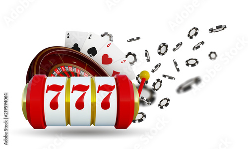 Slot machine with lucky sevens jackpot. Vector illustration. Golden slot machine wins the jackpot. Vector illustration isolated on white background. Big win 777 lottery vector casino concept.