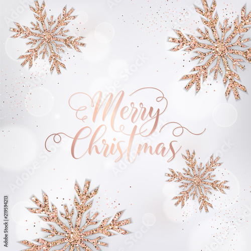 elegant merry christmas card with rose gold glitter snowflakes for invitation or greetings or flyer and new year brochure 2019