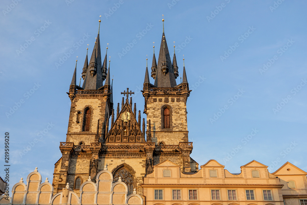 Gothic towers of the Týn church in Prague, Czech republic