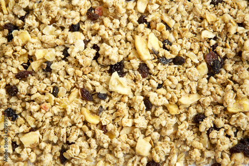 Fruit granola background, overhead view. Top view, from above.