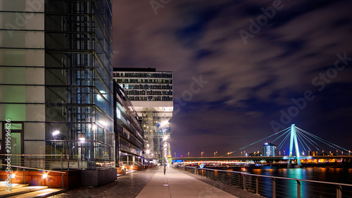 Rheinauhafen water promenade in Cologne Koeln and Deutzer bridge bruecke