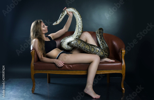 perfect girl and big python in the studio 