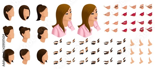 Isometrics create your emotions for a simple girl. Sets of 3D hairstyles, faces, eyes, lips, nose, facial expression. Qualitative vector isometry