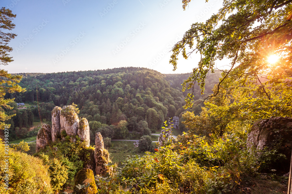 Lovely White hand rock in Ojcow village at sunset.