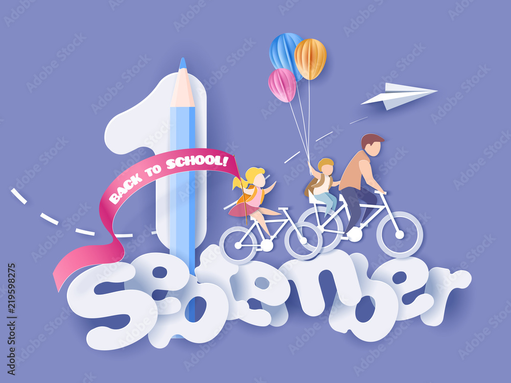Back to school 1 september card. Children bicycling with air balloons. Paper cut style. Vector illustration