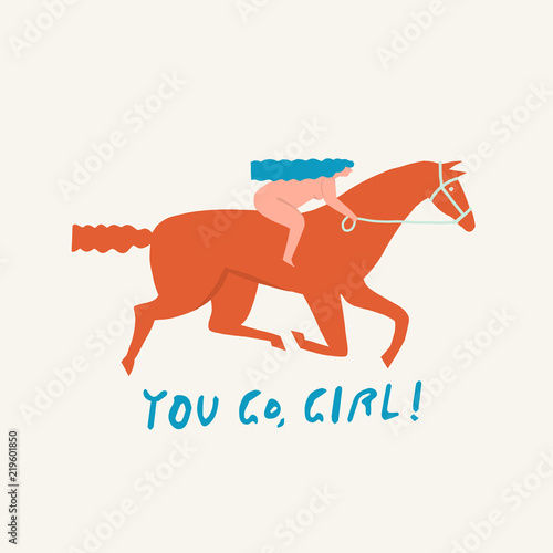 Girl riding a red horse funny illustration in vector with text quote you go girl.