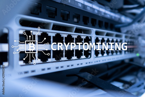 Cryptocurrency mining concept on server room background.