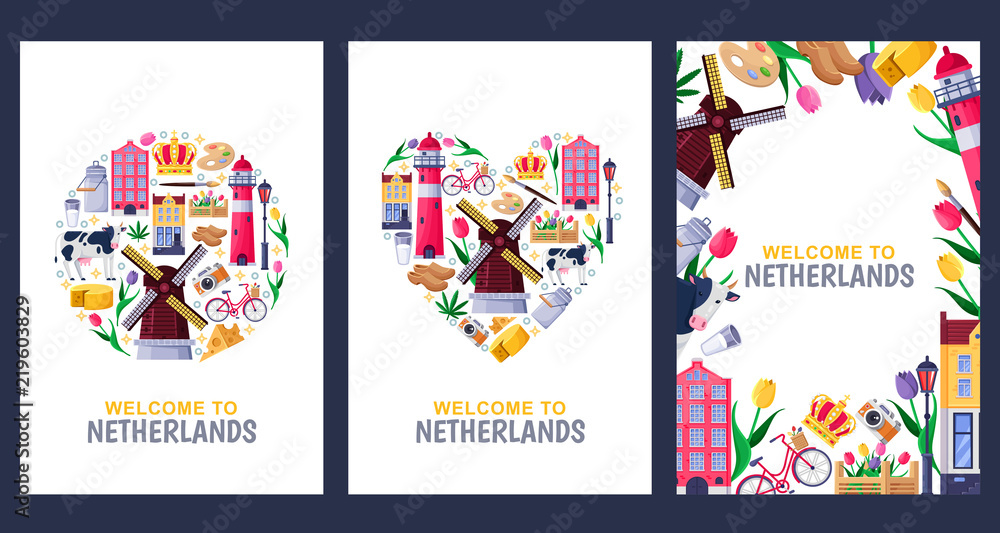 Welcome to Netherlands greeting cards, print or poster design template. Travel to Amsterdam vector flat illustration.