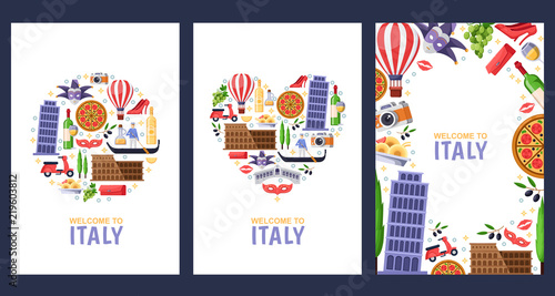 Welcome to Italy greeting souvenir cards, print or poster design template. Travel to Roma and Venice flat illustration.
