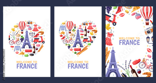 Welcome to France greeting souvenir cards, print or poster design template. Travel to Paris flat illustration.