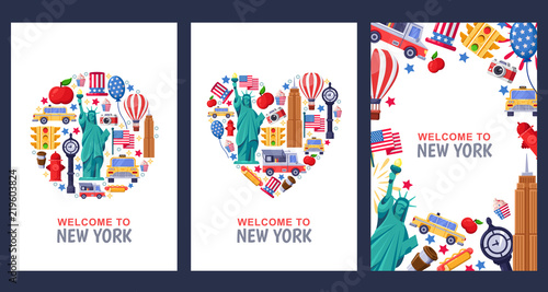 Welcome to New York greeting souvenir cards, print or poster design template. Travel to USA flat illustration.