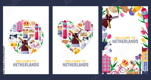 Welcome to Netherlands greeting cards, print or poster design template. Travel to Amsterdam vector flat illustration. photo