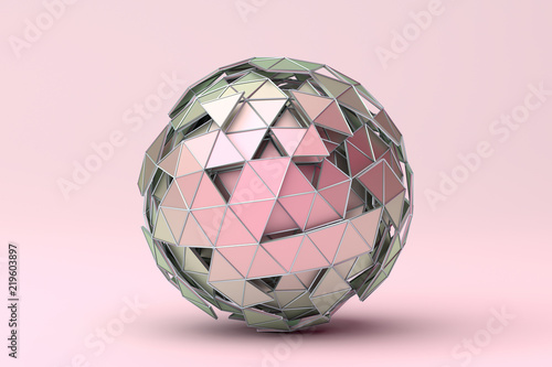 Abstract 3d rendering of polygonal sphere. Geometric shape, futuristic modern background design for poster, cover, branding, banner, placard.