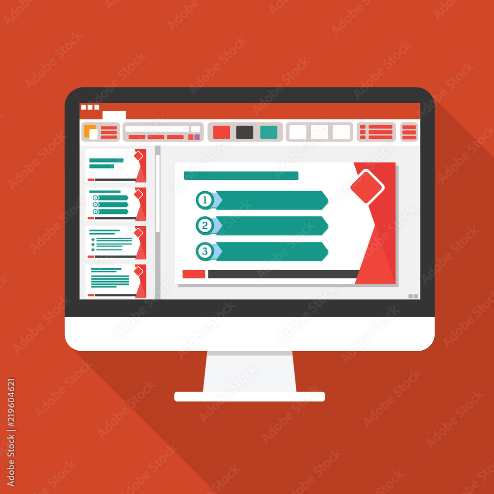 slide presentation on Computer screen flat icon. business report concept. office things for planning and accounting, analysis, audit, project management, marketing, research vector illustration. slide presentation on Computer screen flat icon. business report concept. office things for planning and accounting, analysis, audit, project management, marketing, research vector illustration.