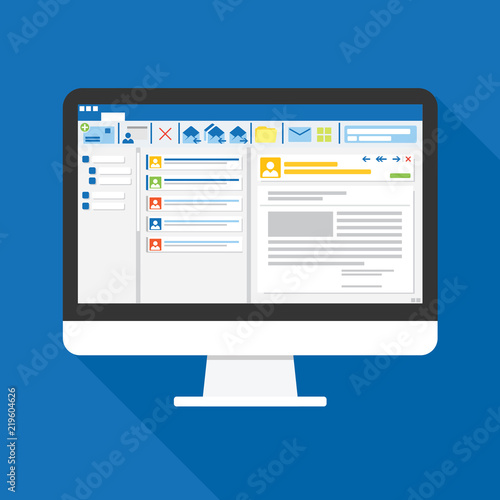 Email client software on Computer screen flat icon. business concept. office things for planning and accounting, analysis, audit, project management, marketing, research vector illustration. photo