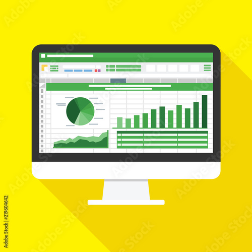 Spreadsheet on Computer screen flat icon. Financial accounting report concept. office things for planning and accounting, analysis, audit, project management, marketing, research vector illustration