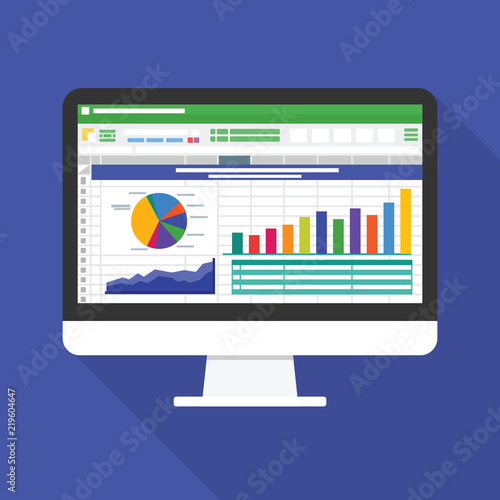 Spreadsheet on Computer screen flat icon. Financial accounting report concept. office things for planning and accounting, analysis, audit, project management, marketing, research vector illustration