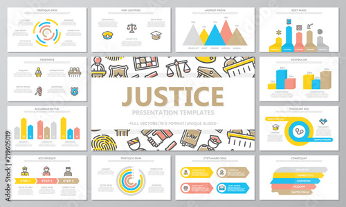 Crime, law, police and justice multipurpose presentation templates and infographics elements on white background. Use for business annual report, flyer, corporate marketing, leaflet, advertising