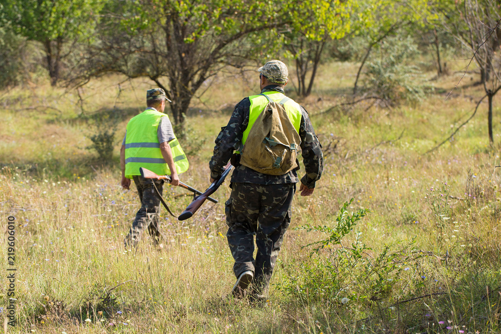 Hunter with a German trotter and spaniel, hunting a pheasant with dogs Hunter with a German trotter and spaniel, hunting a pheasant with dogs