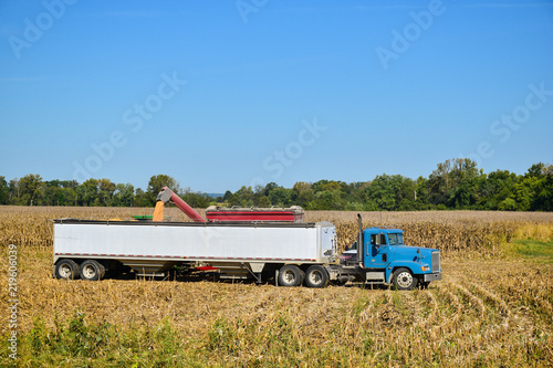 Tractor emptying its load of harvested corn