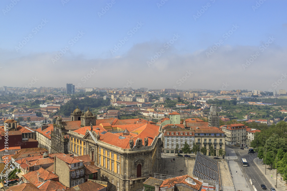 Scenic view of Porto, Portugal from the tower Clérigos Church. Orange roofs of the houses.