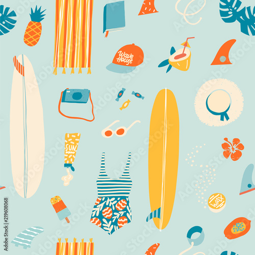 Surfer summer beach objects seamless pattern in vector.