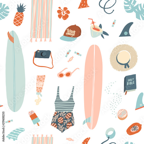 Surfer summer beach objects seamless pattern in vector.
