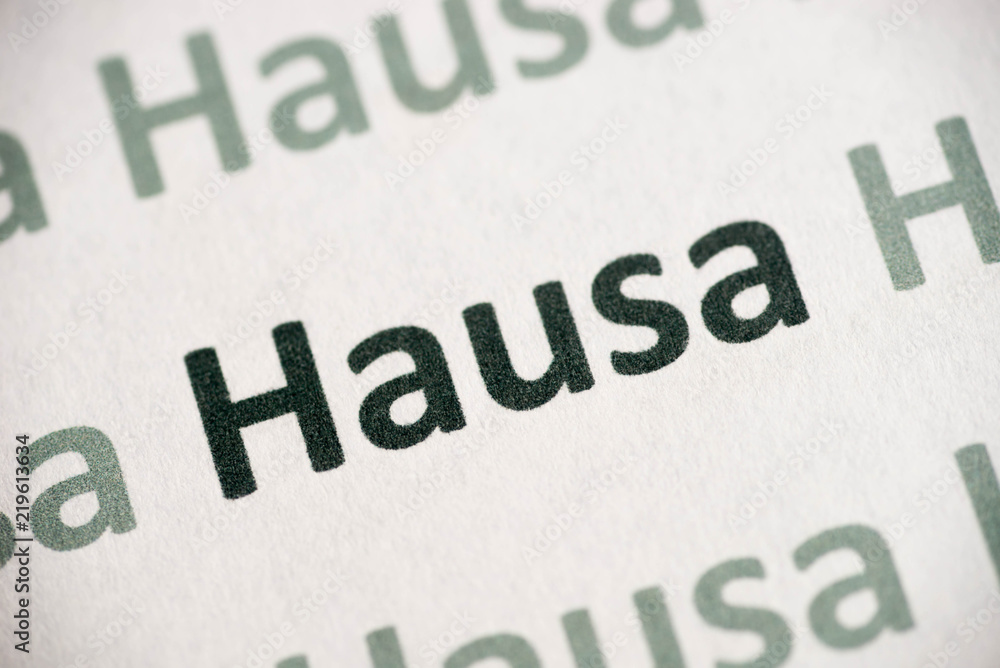 word Hausa language printed on paper macro
