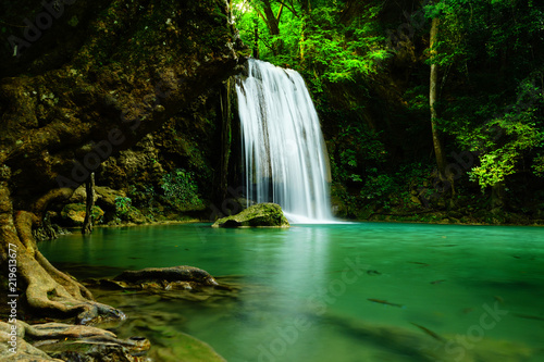 Beautiful waterfall in the rain forest jungle of thailand. Erawan waterfall in Erawan National Park  kanchanaburi Thailand