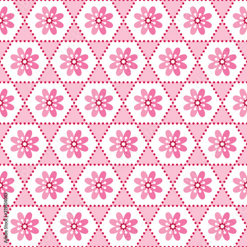 Cute seamless geometric Japanese style floral background pattern in pink and white. For greeting cards, gift wrapping paper, textiles and wallpapers.