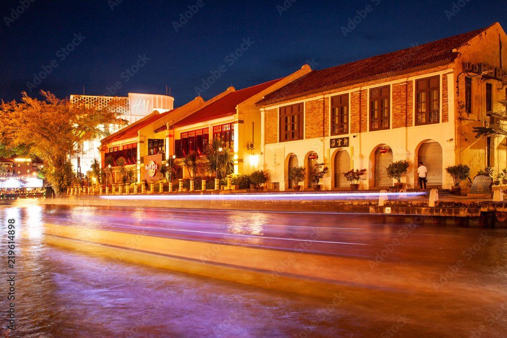 Light trails from a boat in the river in Malacca, Malaysia