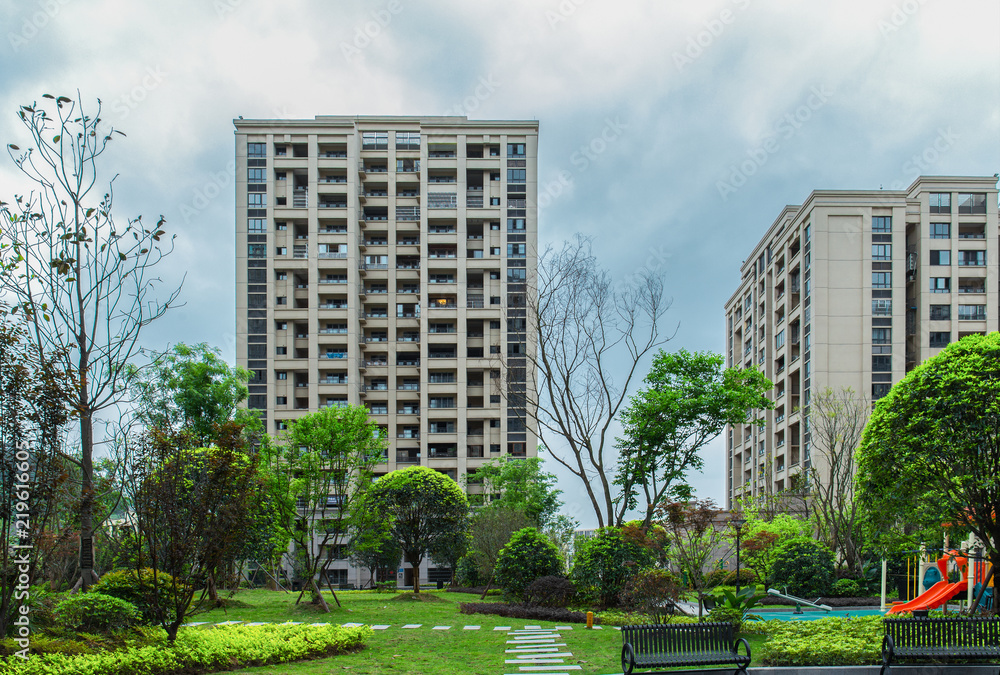 High-rise buildings and parks in urban residential quarters High-rise buildings and parks in urban residential quarters