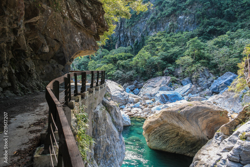 Trail through mountain and beautiful stream in Taroko National park, in Eastern Taiwan