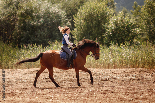 Young horse rider woman jockey on equestrian sport competition. Arena background