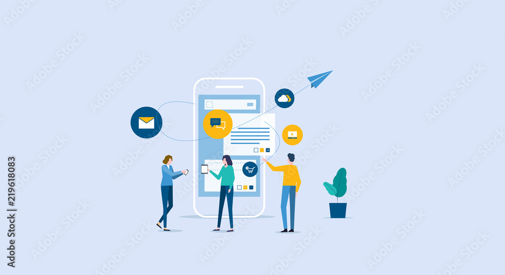business team working for mobile application development and design process concept business team working for mobile application development and design process concept