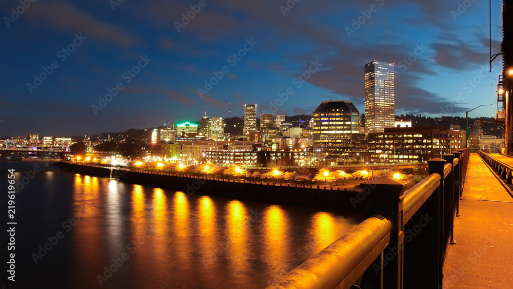 Portland Oregon Downtown Skyline at Night on a Hot Spring Night Long Exposure from Steel Bridge.
