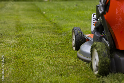 Green lawn and the lawn mower in Finland. Focal point in the front tire. Front and back of the photograph out of focus. 