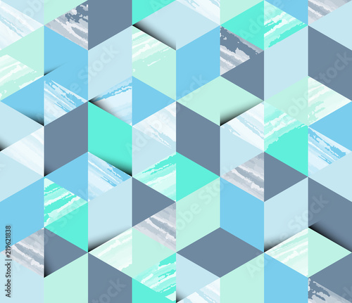 Seamless pattern, watercolor texture in hexagon shapes with shadow, pastel blue and green tones
