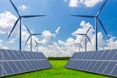Solar panels and wind turbines on vast grasslands