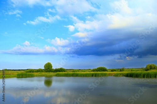 Landscape with lake surrounded with cane and big clouds