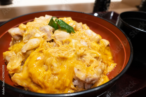 Oyakodon, japanese rice bowl topped with chicken and egg.