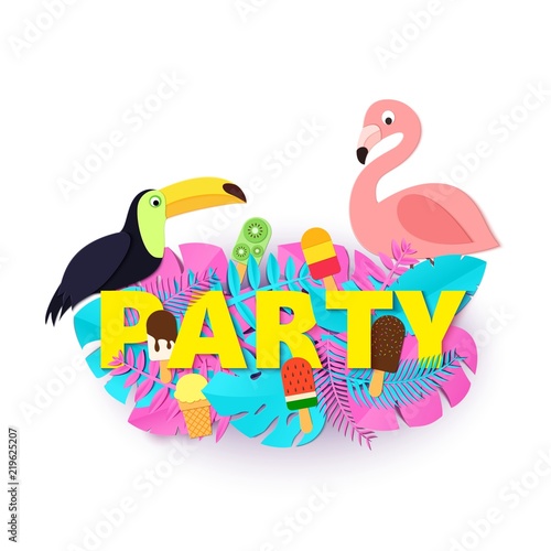 Word PARTY composition with pink blue leaves ice cream toucan flamingo white background in paper cut style. Tropical craft leaf letters for design poster, banner, flyer T-shirt printing. Vector card