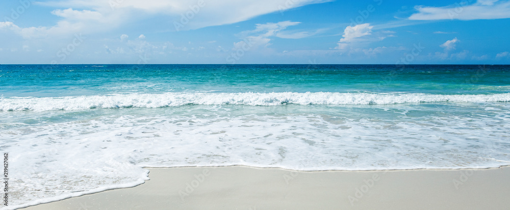 Beautiful bright tropical landscape, perfect beach, blue sky, white sand, turquoise water