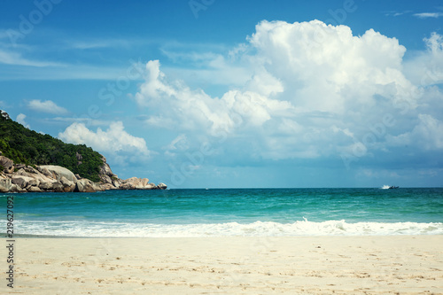 Beautiful bright tropical landscape, perfect beach, blue sky, white sand, turquoise water