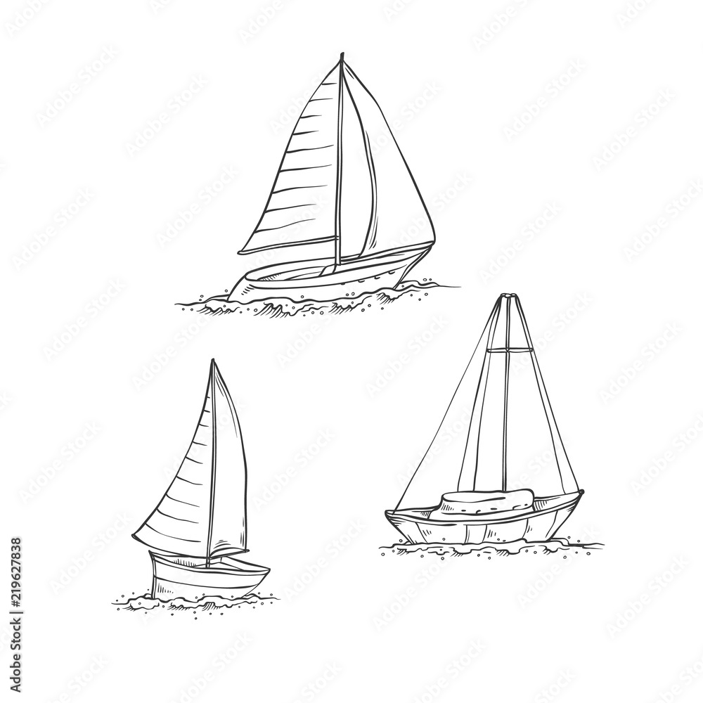 Vector set sailing yachts on sea waves. Water transport for travel, recreation and sports. Collection of black line sketch illustrations isolated on white background