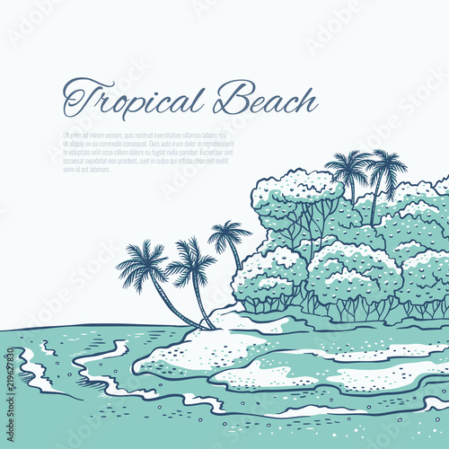 Tropical beach with palm trees, sea waves surf. Landscape island in ocean for summer holiday and tourism. Monochrome vector illustration background for design cards or banner.