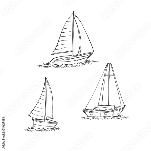 Vector set sailing yachts on sea waves. Water transport for travel, recreation and sports. Collection of black line sketch illustrations isolated on white background